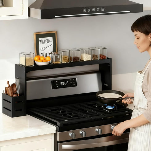 BESLCEID 31-inch 50 bamboo stove rack for above the hob, kitchen bamboo spice rack, supports up to pounds. Bamboo stove