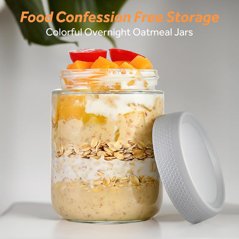 MOLADRI 16 oz/480 ml 4 Pack Glass Storage Canister with Airtight Lid, Clear Overnight Oats Containers, Cute Decorative