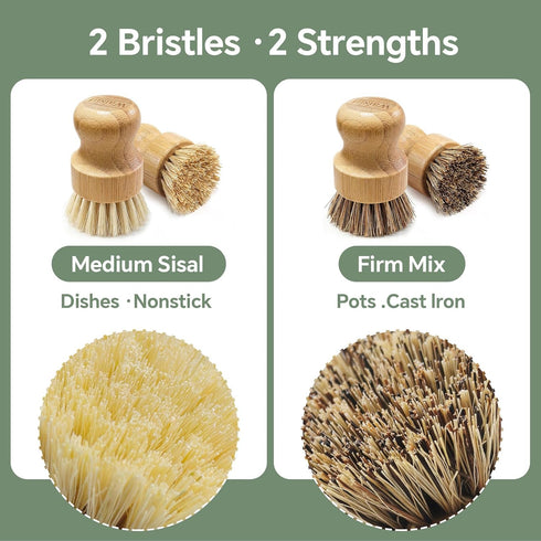 Waisul Set, 4 Pack, (2 2 Bamboo Dish Brush Plastic-Free Medium Sisal, Firm Coconut Coir), Dish Scrubber & Vegetable