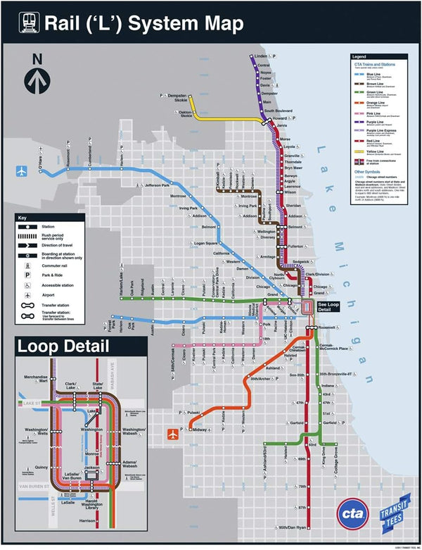 CTA Rail System Map Poster, Chicago Gift, Chicago Map Art, Wall Art, Chicago Poster