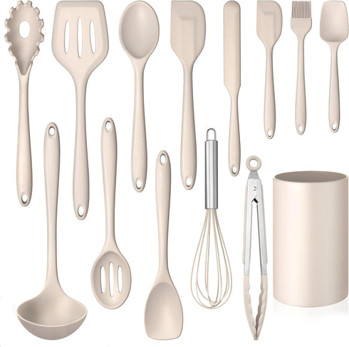 LIANYU 14 Pcs Kitchen Utensils Set with Holder, Heat Resistant Silicone Cooking Tools, Khaki