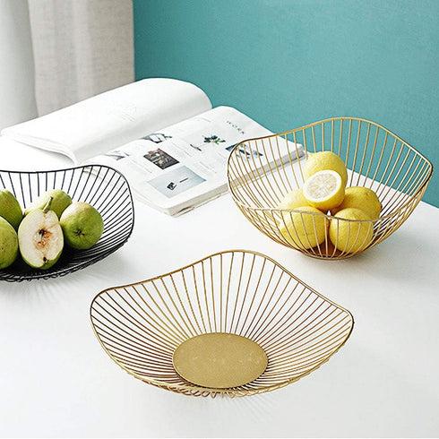 Short Curved-Edge Modern Serving Bowls - Black Metal Iron Wire Dish for Fruits and Vegetables