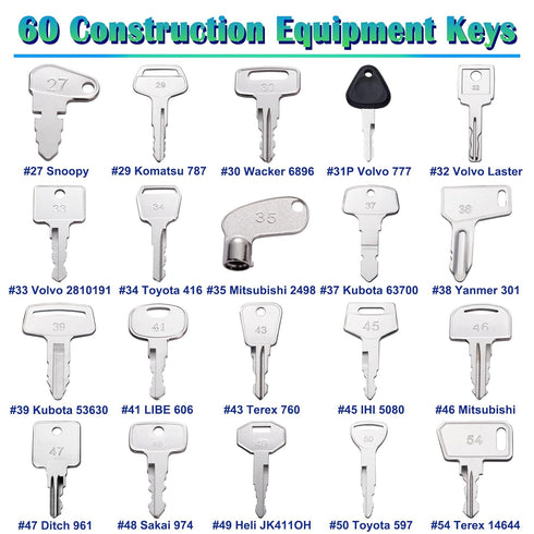 60 Set Bullozers Heavy Equipment Keys Master Consturction Ignition Keys for Kubota JCB Cat Yanmar Honda Ditch Witch