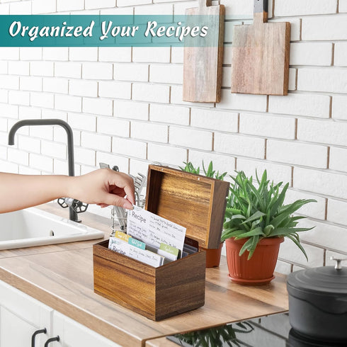 Recipe Card Box, Acacia Recipe Holder 4x6, Organizer with 50 Cards and 6 Dividers for Kitchen Countertop