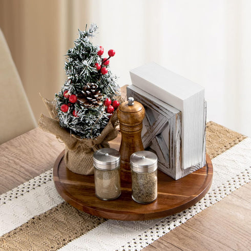 Lazy Susan Organizer for Table - 12 Inch Wooden Turntable - Acacia Wood Kitchen Spice Rack (2 Pack)