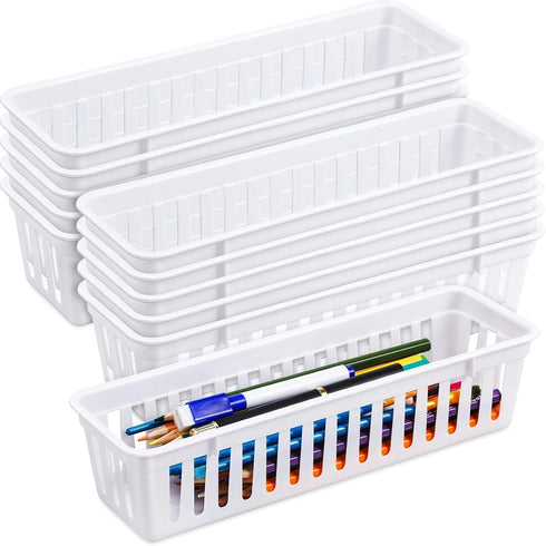 Domensi 12 Pack Slim Plastic Storage Baskets - 10.25 x 3.25 x 2.5 Inch Small Classroom Storage Bins for Desk Garage