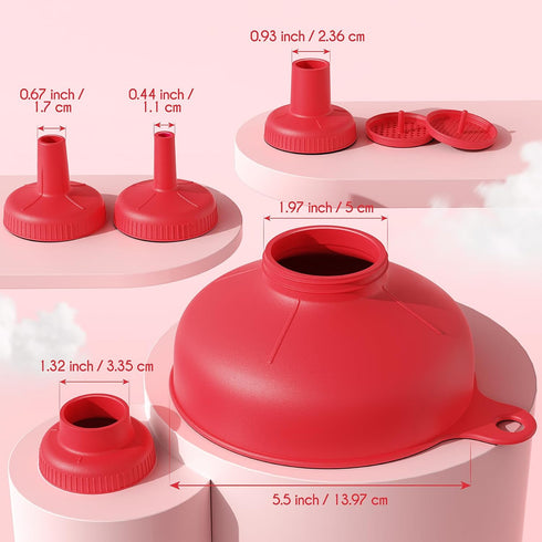 Wide Mouth Funnel Set for Kitchen Use, Food Grade Plastic Canning Funnels with 4 Size Spouts & 2 Strainers, Red