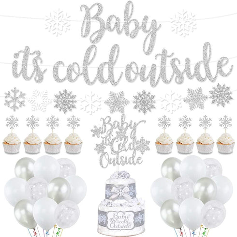 Baby It’s Cold Outside Party Decorations, Silver Banner, Snowflake Balloons, Garland
