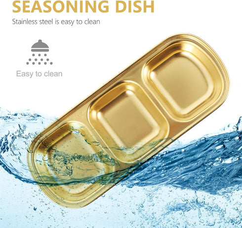DOITOOL 2Pcs Stainless Steel Dipping Bowls, 3 Compartment Appetizer Serving Tray for Soy Sauce, Ketchup, BBQ (Gold)