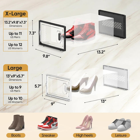 6 Pack 9, BALEINE Stackable Shoe Storage Boxes Fit Size Thickened Clear Shoe Box Bins with Lids, Plastic Foldable Shoe