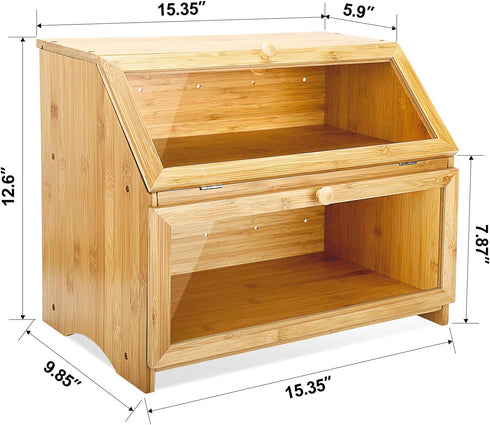 Counter, HOMEKOKO Double Layer Large Bread Box for Kitchen Wooden Large Capacity Bread Storage Bin (Natural Bamboo)