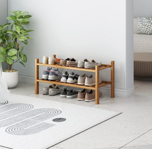 H&D home interchanges 2-Tier Closet,Entryway,Hallway,Bathroom,Living 2-Tier) Bamboo Shoe Rack Organizer-Stackable