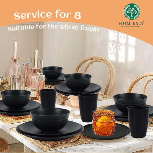 Homienly Wheat Straw Dinnerware Set - 40-Piece Dish Set for 8, Reusable Dinner Plates, Bowls & Cups (Black)