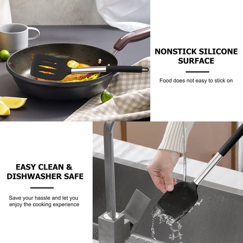 TeamFar Kitchen Utensils, 4 Pcs Silicone Cooking Spatula Spoon Set with Stainless Steel Handle, Non-stick & Dishwasher