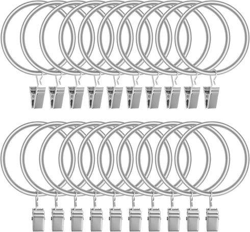 Lansian 20pcs Rustproof Matte Stainless Steel Curtain Rings with Clips, 1.5 Inch Drapery Hangers for Window
