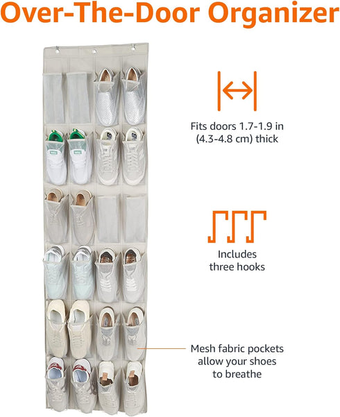 24 24 Amazon Basics Medium Mesh Pocket Over-the-Door Hanging Shoe Organizer, Space Saving Shoe Storage, Light Grey |