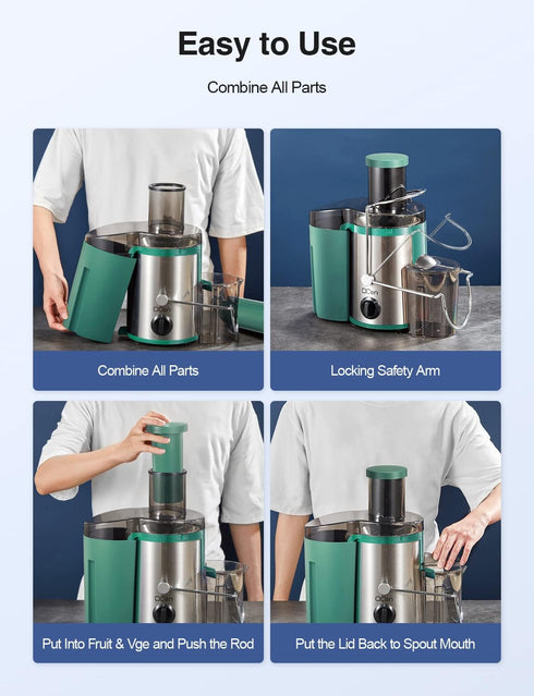 QCen Juicer Machine - 500W Centrifugal Juicer Extractor with 3” Wide Mouth Feed Chute for Easy Cleaning, Stainless
