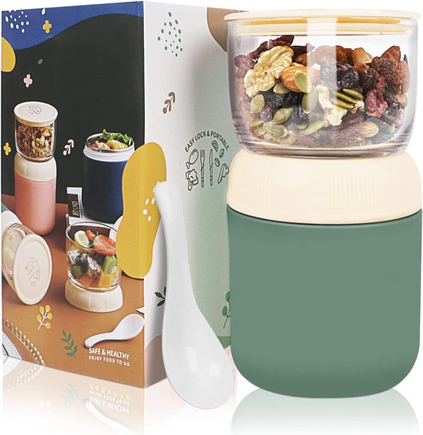 Oatmeal Yogurt Containers, 2-Tier Cereal Cup with Lids and Spoon, Stainless Steel