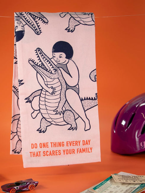 Blue Q Dish Towel, Do One Thing Everyday That Scares Your Family, 100% Cotton, Screen-Printed, 28" x 21"