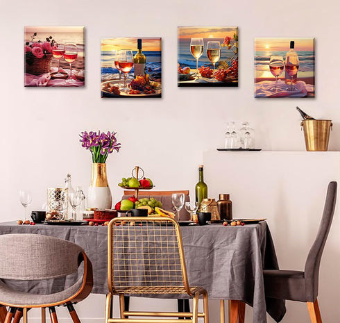 Sunset 12"X12"X4 Kitchen Decor Dining Room Wall Art Wine Glass Still Life Fruit Goblet Canvas Prints Artwork Beach