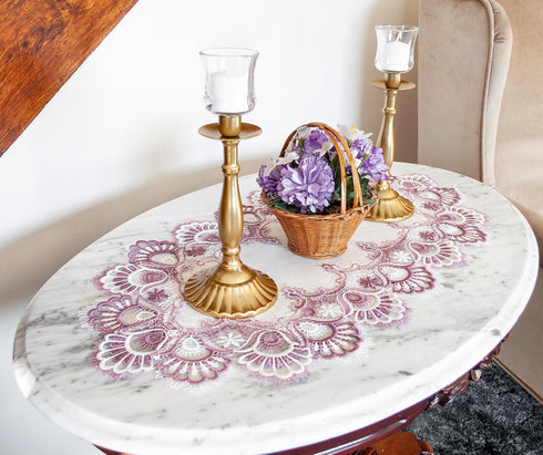 White Mauve Rose Jacquard Peacock Tail Lace Table Runner, Dresser Scarf, Coffee Table Runner, Pink Light Purple