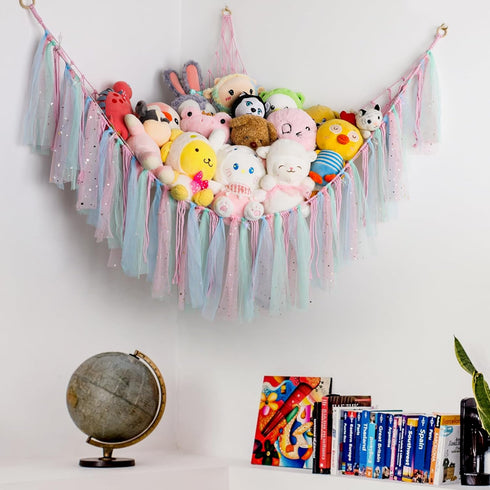 Hammock 59 Inch Stuffed Animal with LED Lights - Large Toy Storage Net for Kids Bedroom, Wall-Mounted Plush Organizer