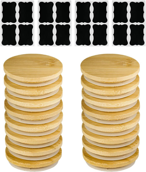 16 Pack Oui Yogurt Jar Lids with 16 Labels, Food-Grade Bamboo Lids