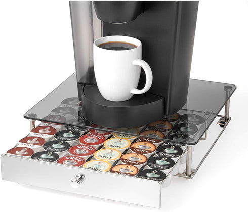 Nifty Rolling Coffee Pod Drawer with Glass Top & Chrome Finish, Compatible with K-Cups, 36 Pod Pack Holder for Kitchen