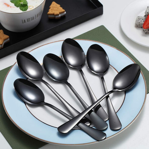 Kyraton 6-Piece 8" Stainless Steel Table Spoon Set, Titanium Black Plating, Gold Soup & Dessert Spoons