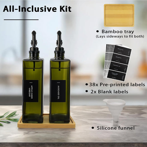 Gelury 16.9oz Set, Set 2) Olive Oil Dispenser Bottle for Kitchen with Bamboo Tray- Glass Oil and Vinegar Dispenser Soy