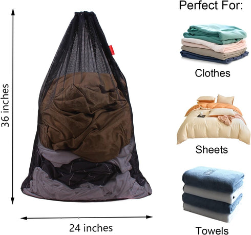 Mesh Laundry Bag Heavy Duty Drawstring Bag, 24 x 36 Inches, 2 Pack for College and Travel