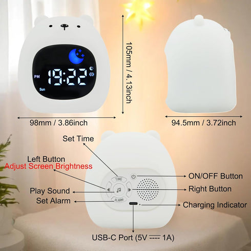 9 6 Kids Alarm Clock Night Light with Colors Light and White Noises, Sleep Training Digital Clock, Adjustable Bright