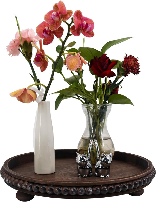 FramePro Decorative Tray 12in Round Wood Beaded - Brown Serving Tray Risers