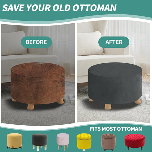 MAXIJIN Velvet Ottoman Slipcover - Round Foot Stool Cover, Washable Thick Storage Protector with Elastic Bottom