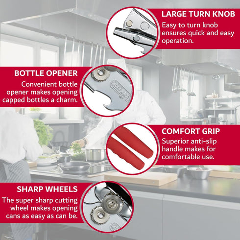 Chef-Master Commercial Can Opener, Multi-Purpose Manual with Anti-slip Grip Knobs, Easy Turn Knob, #90226