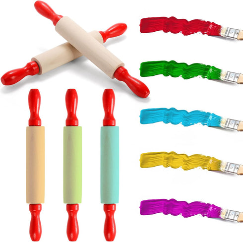 Set 12 8 Inch SOUJOY of Mini Rolling Pin, Wood Dough Roller for Baking with Red Handle, Small Clay Rolling Pin