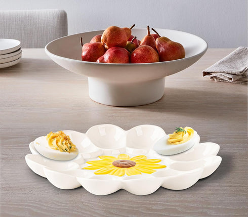 YU&CH Ceramic Sunflower Deviled Egg Tray - White Egg Platter For Party
