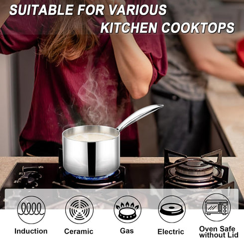 TeamFar 2qt Stainless Steel Saucepan with Lid, Tri-Ply Cooking Pot, Ergonomic Handle, Non-toxic & Dishwasher Safe