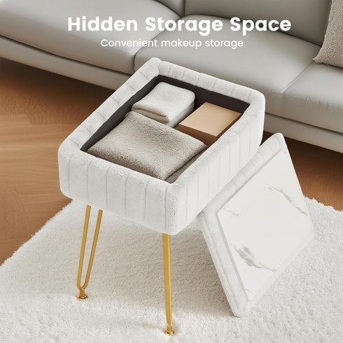 FUXA 4 Vanity Stool Chair with Storage, White Faux Fur Makeup Chair with Metal Legs and Anti-Slip Feet, Soft Padded