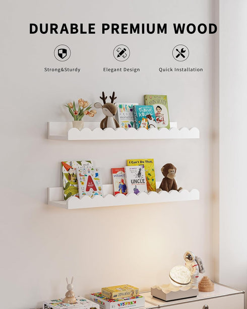 Shario 4-Pack Nursery Book Shelves, White Floating Shelves for Wall Kids, Scalloped Shelves, Wall Book Shelves