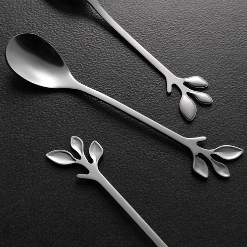 AnSaw Elegant Silver Leaf Coffee Spoons - 10-Piece Mini Stainless Steel Espresso & Dessert Tea Spoons, 4.7"