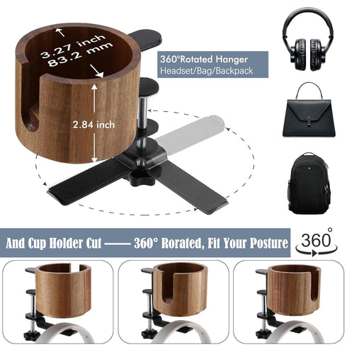 Nnewvante 2 in 1 Desk Cup Holder, 360° Rotating Headphone Hanger and Anti-Spill Cup Holder for Gaming Desk Accessories