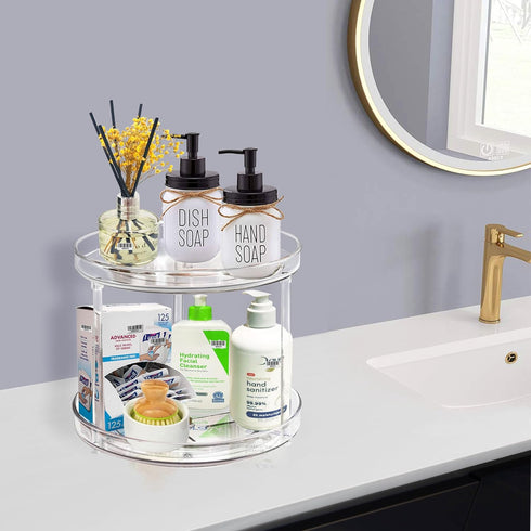 2 9.25Inch 360 Tier Lazy Susan Bathroom Organizer, Clear Rotating Makeup Organizer for Vanity, Skincare Organizers
