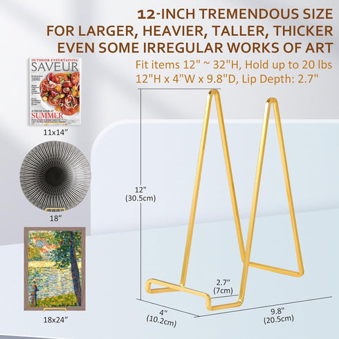 Large Plate Holder Display Stand - 12 inch Super Tall Big Plate Stands for Heavy Duty Display - Metal Picture Frame Stand - Tabletop Easel Stand for Decorative Platter | Plaque | Book - 3 Pack - Gold