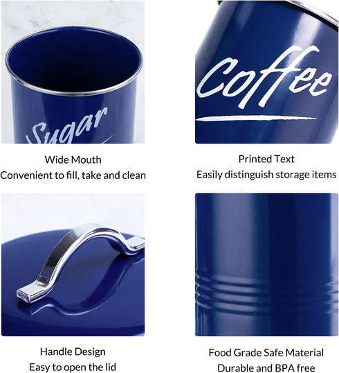 Hillbond Canister Sets, Navy Blue Food Storage Containers, Carbon Steel with Powder Coated Decorative Jars Set