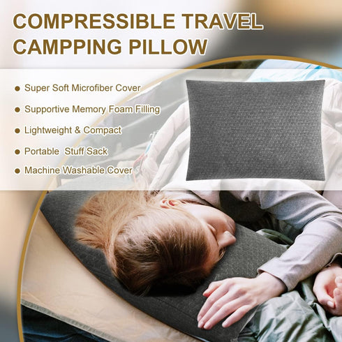 Ivellow Compressible Travel Pillow, Shredded Memory Foam Camping Pillow for Outdoor Backpacking and Hiking