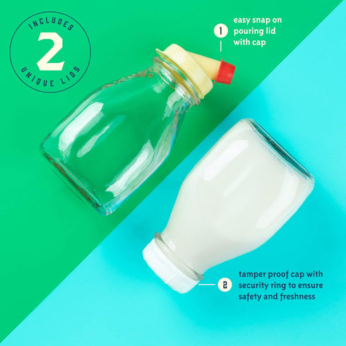 16 Oz 16 Pack 2 kitchentoolz Glass Milk Bottle with Lid - Ounce Short and Wide Glass Milk Container for Refrigerator