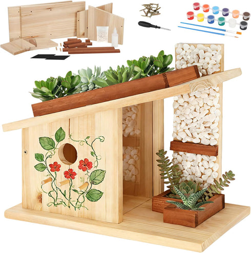 Pontuss Modern Birdhouse Woodworking Kit, Natural Cedar Wooden Birdhouses for Outdoors with Paint