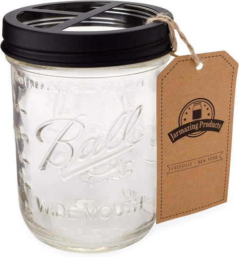 Jarmazing Products Black Mason Jar Toothbrush Holder with 16 Ounce Ball Mason Jar, Rust-Proof Stainless Steel