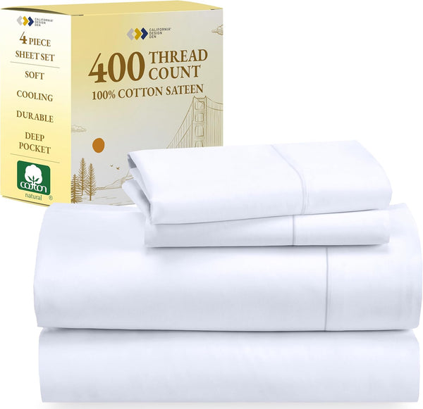 California Design Den Queen Size Bed Set, 400 Thread Count 100% Cotton Cooling Sheets, Deep Pocket, White